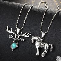 Fashion Pony Green Turquoise Deer Head Animal Alloy Necklace main image 1