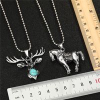 Fashion Pony Green Turquoise Deer Head Animal Alloy Necklace main image 6