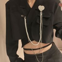Fashion Diamond Heart Pearl Chain Long Tassel Brooch main image 1