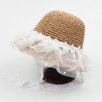 Korean Style Bowknot Pearl Lace Mesh Children's Straw Hat sku image 3