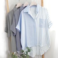 Irregular Hem Tie Color-block Striped Short-sleeved Shirt main image 1