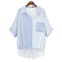 Irregular Hem Tie Color-block Striped Short-sleeved Shirt sku image 1