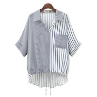 Irregular Hem Tie Color-block Striped Short-sleeved Shirt sku image 6
