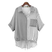 Irregular Hem Tie Color-block Striped Short-sleeved Shirt sku image 11