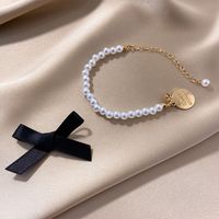 Retro Black Bow Pearl Disc Letter Pendent Bracelet main image 3