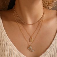 Simple Fashion Love Padlock Pendant Diamond Butterfly Multilayer Necklace sku image 1