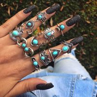 Retro Turquoise Crescent Owl Geometric Crown Triangle Ring Set sku image 1