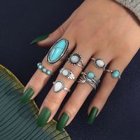 Retro Inlaid Turquoise Carved Feather Alloy Ring 8-piece Set sku image 1