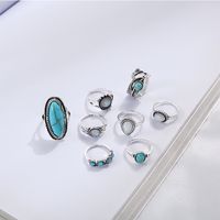 Retro Inlaid Turquoise Carved Feather Alloy Ring 8-piece Set main image 4