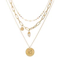 Retro Embossed Portrait Pearl Coin Pendant Multi-layer Necklace sku image 1