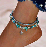 Fashion Simple Turquoise Starfish Tortoise Pendant Double Layer Anklet main image 1