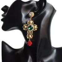 Baroque Style Emerald Rose Golden Hollow Cross Pearl Earrings main image 3