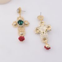 Baroque Style Emerald Rose Golden Hollow Cross Pearl Earrings main image 4