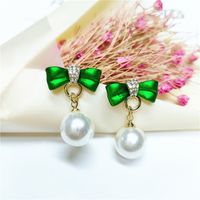 Korean Diamond Green Bow Large Pearl Earrings main image 1