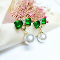 Korean Diamond Green Bow Large Pearl Earrings main image 3