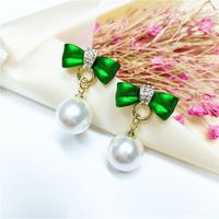 Korean Diamond Green Bow Large Pearl Earrings main image 4