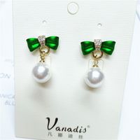 Korean Diamond Green Bow Large Pearl Earrings main image 5