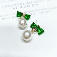 Korean Diamond Green Bow Large Pearl Earrings main image 6