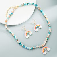 Blue Beads Imitation Jade Bohemian Necklace Earrings Set Rainbow Jewelry main image 1