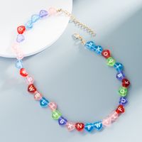 English Alphabet Macaron Mixed Color Heart-shaped Resin Handmade Beaded Necklace Clavicle Chain main image 3