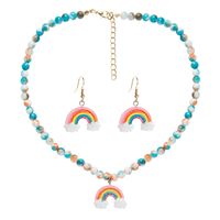 Blue Beads Imitation Jade Bohemian Necklace Earrings Set Rainbow Jewelry sku image 1