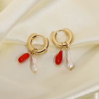 Korean Style Hand-woven Natural Coral Stone Freshwater Pearl Pendant Earrings main image 2