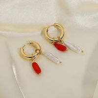 Korean Style Hand-woven Natural Coral Stone Freshwater Pearl Pendant Earrings main image 4