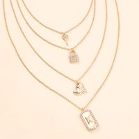 Fashion Alloy Diamond Heart Lock Square Pendent Multi-layer Necklace main image 4