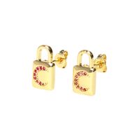 Fashion Copper Inlaid Color Zircon Lock Carved Earrings sku image 2