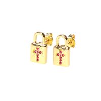 Fashion Copper Inlaid Color Zircon Lock Carved Earrings sku image 13