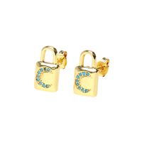 Fashion Copper Inlaid Color Zircon Lock Carved Earrings sku image 5