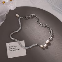 Fashion Freshwater Pearl Stitching Zircon Chain Necklace sku image 1