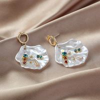 Bohemian Fan-shaped Shell Colored Diamond Pearl Earrings main image 5