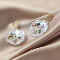 Bohemian Fan-shaped Shell Colored Diamond Pearl Earrings main image 6