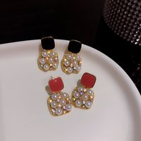 Korean Style Retro Pearl Inlaid Rhinestone Square Earrings main image 5