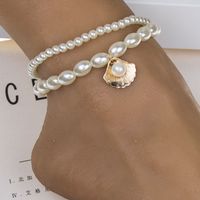 Bracelet De Cheville Combiné En Deux Pièces De Perles De Coquillage En Métal À La Mode main image 1
