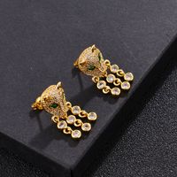 Ethnic Leopard Head Copper Inlaid Zircon Eyes Pearl Tassels Earrings main image 3