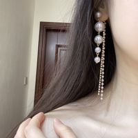 Korean Style Diamond Tassel Pearl Long Earrings main image 1