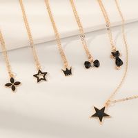 Simple Black Dripping Flower Five-pointed Star Crown Cat Pendant Necklace Set main image 4