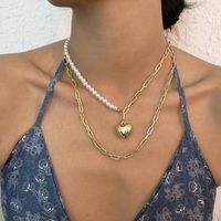 Simple Imitation Pearl Double-layer Clavicle Chain Heart Shape Necklace main image 1
