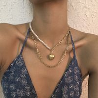 Simple Imitation Pearl Double-layer Clavicle Chain Heart Shape Necklace main image 4