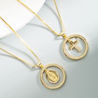 Mode Runde Hohle Jungfrau Maria Kreuz Anhänger Kupfer Eingelegte Zirkon Halskette main image 3