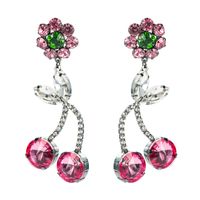 Korean Style Pink Cherry Flower Full Diamond Long Earrings sku image 1