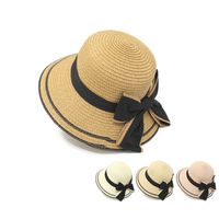 قبعة من القش بفيونكة على الطراز الكوري مظلة واسعة الحواف للوالدين والطفل main image 2