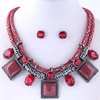 Simple Square Inlaid Gem Pendent Double Rope Necklace Earrings Set sku image 1