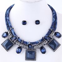 Simple Square Inlaid Gem Pendent Double Rope Necklace Earrings Set sku image 2