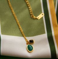 L09 Green Agate Black Agate Irregular Double Pendant Necklace Clavicle Chain Titanium Steel 18k Gold Plating main image 2