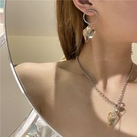 Korean Asymmetrical Heart-shaped Tassel Crystal Earrings Necklace main image 3