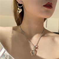 Korean Asymmetrical Heart-shaped Tassel Crystal Earrings Necklace main image 4