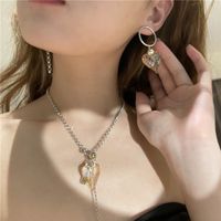 Korean Asymmetrical Heart-shaped Tassel Crystal Earrings Necklace main image 5